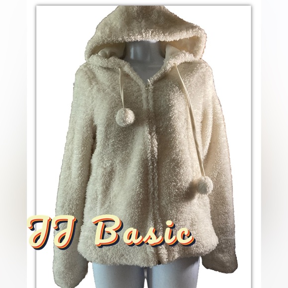 JJ Basics Womens Cream White Furry Pom Pom Hoodie Sweatshirt L Large - Picture 1 of 9